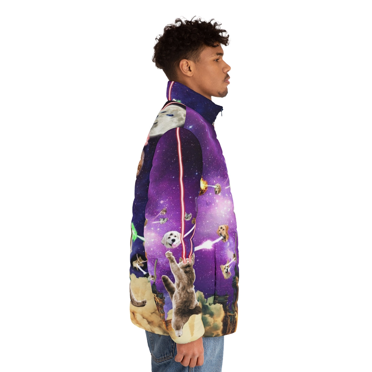 Cats with laser eyes wearing a stylish puffer jacket in a space-themed design - men side right