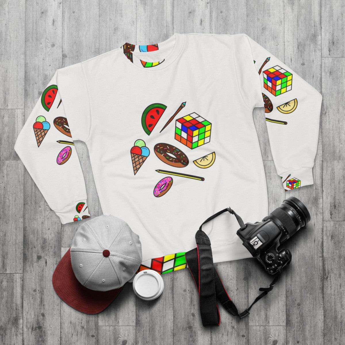 Hobbies and Food Sweatshirt with Colorful Pattern and Doodle Designs - flat lay