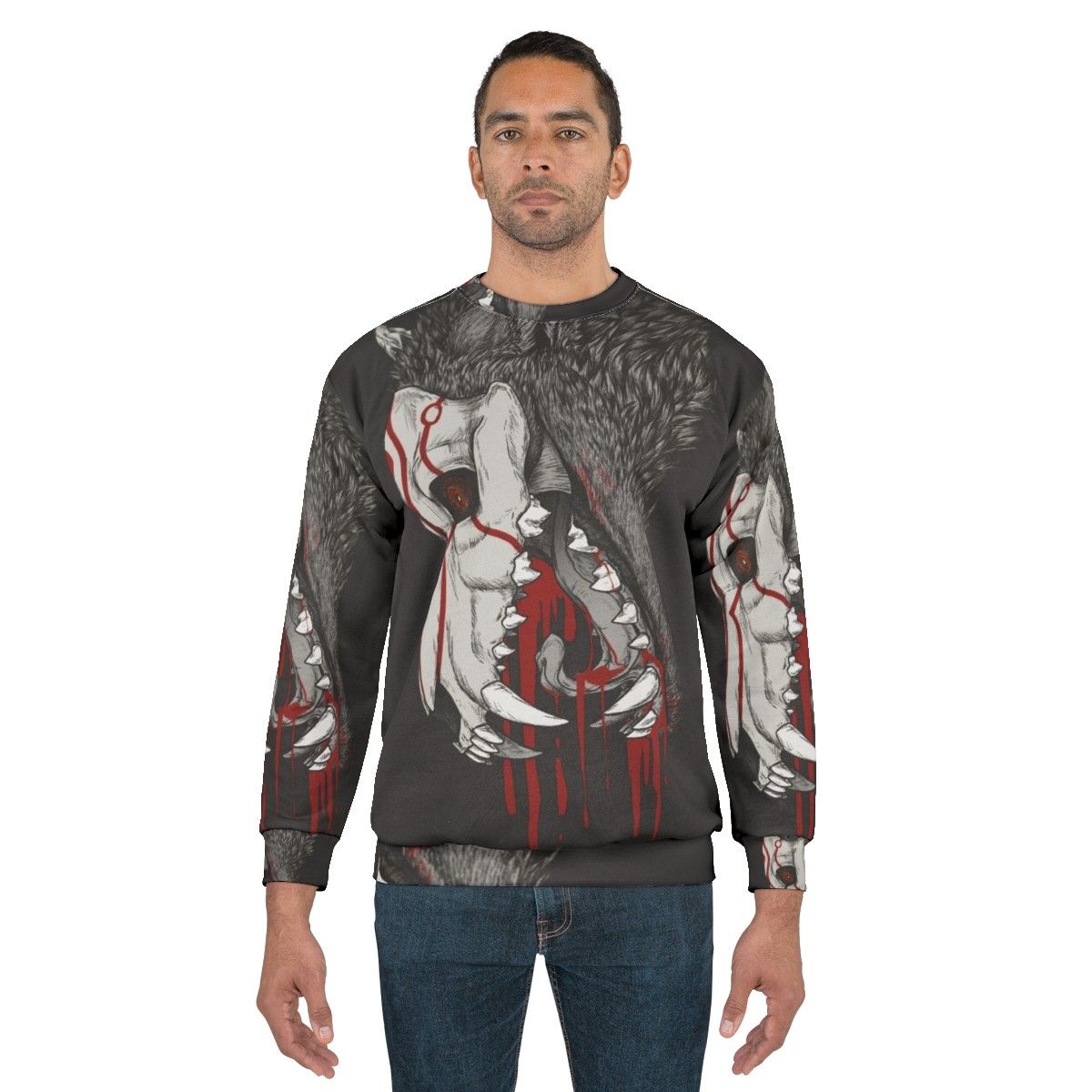 Black sweatshirt with horror-inspired graphic of a Creature of Grimm from the anime series RWBY - men