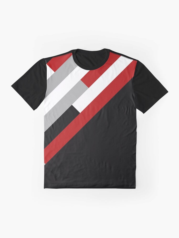 Minimalist diagonal stripes pattern design on a gray graphic t-shirt - Flat lay