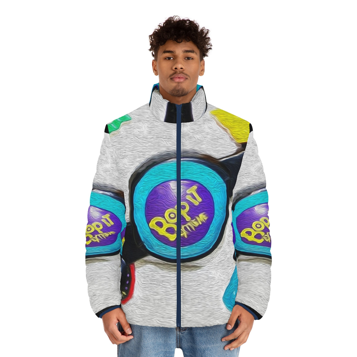 Bop It Extreme Retro Puffer Jacket in colorful design - men front