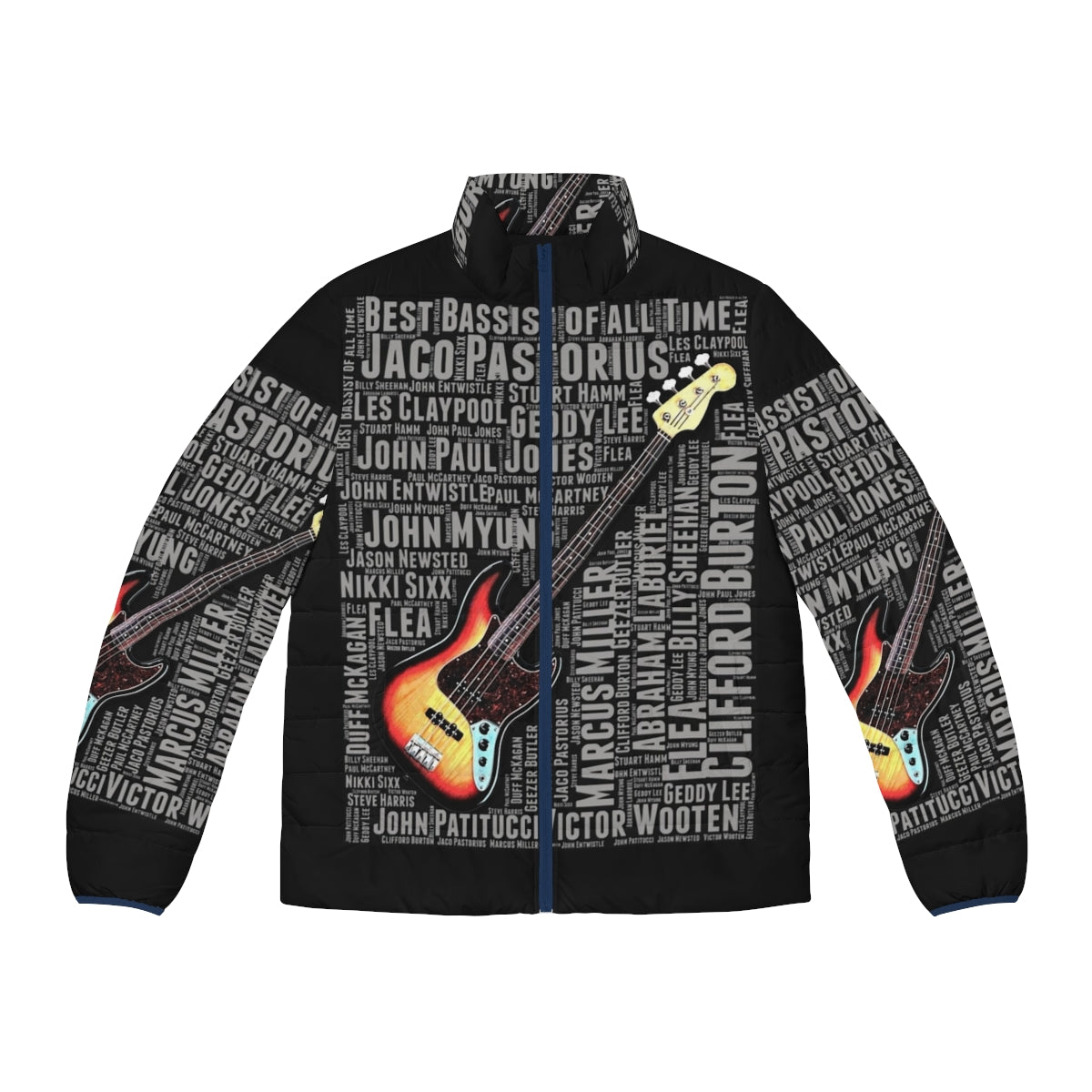 Puffer jacket featuring "Best Bassist of All Time" design, ideal for bass guitar players and music lovers