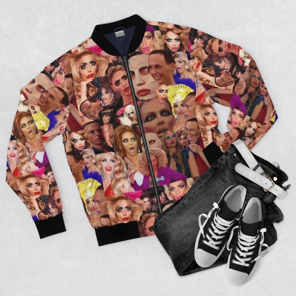 Alyssa Edwards inspired bomber jacket with a colorful collage design - Flat lay