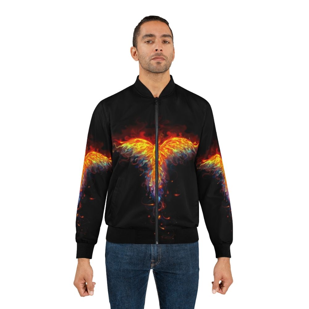 A bomber jacket with a phoenix design, featuring a mythical bird on fire against a backdrop of flames and fantasy elements. - Lifestyle