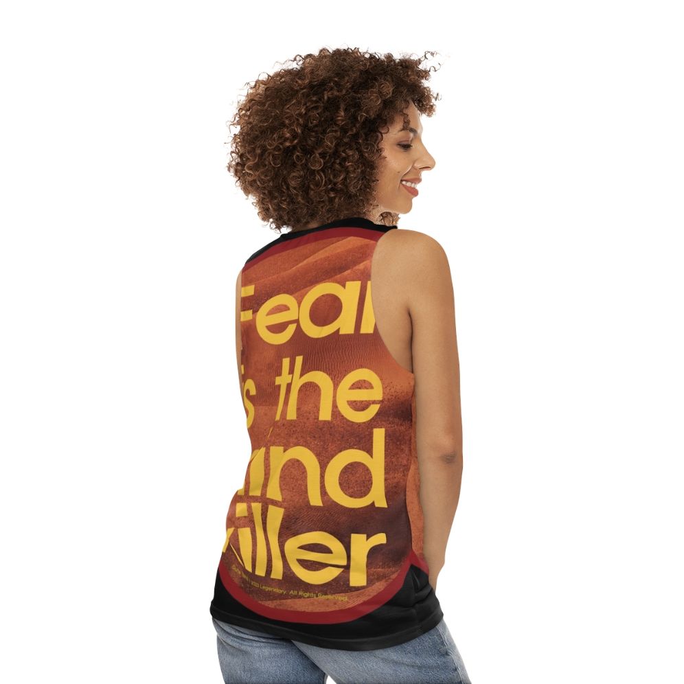 Dune Inspired Unisex Tank Top with "Fear Is The Mind Killer" Design - women back