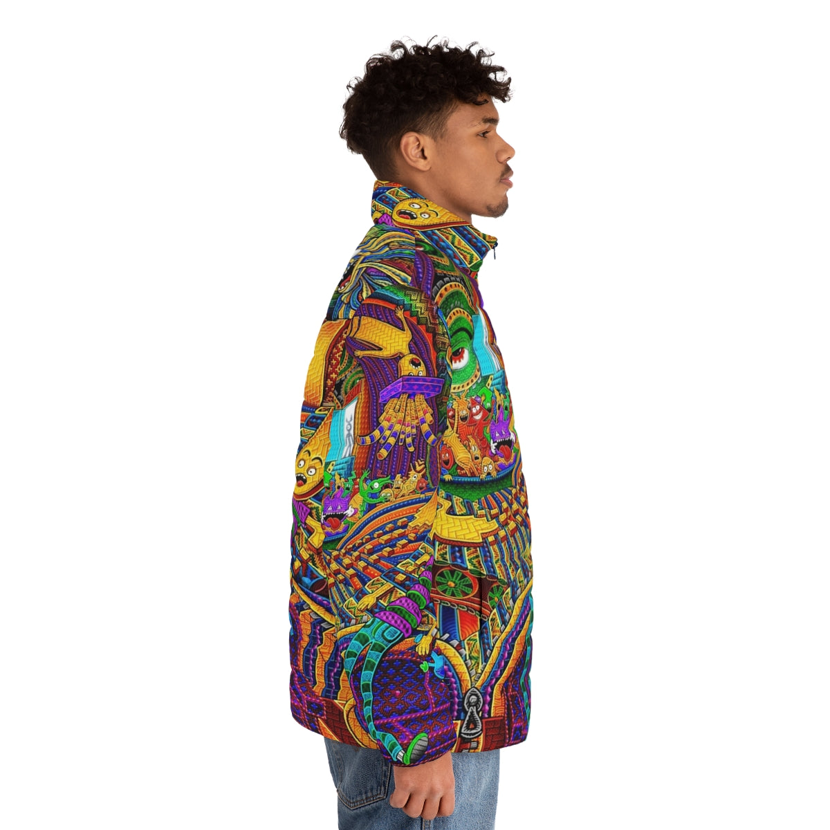 Puffer jacket with psychedelic, visionary art design inspired by altered states of consciousness - men side right