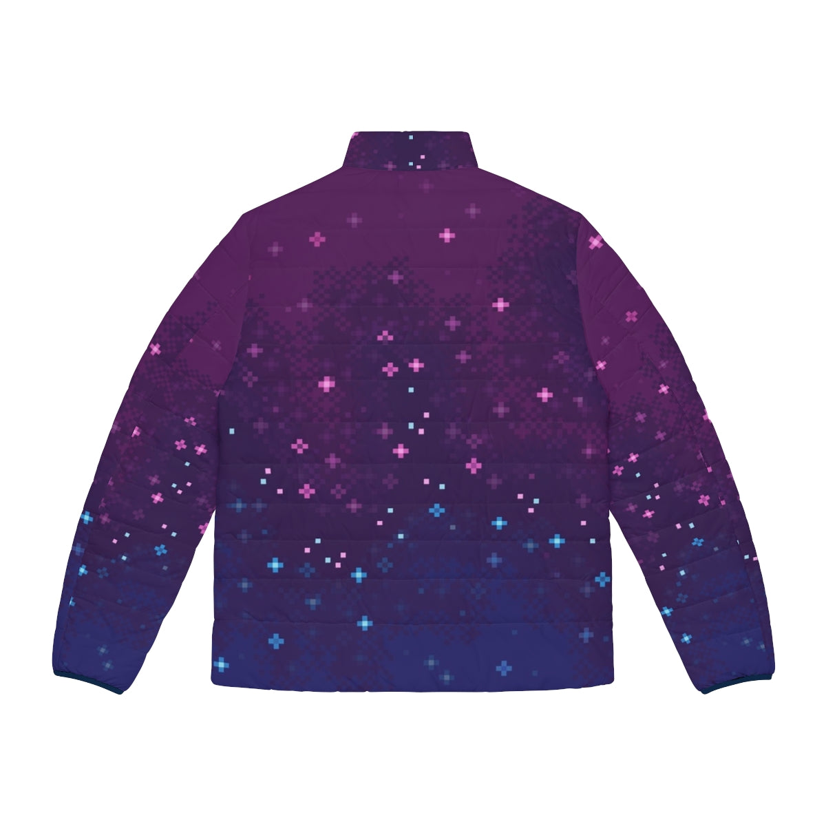 Bi Pride Galactic 8-Bit Puffer Jacket featuring a vibrant pixel art design of the bisexual pride flag in a cosmic galaxy setting - Back