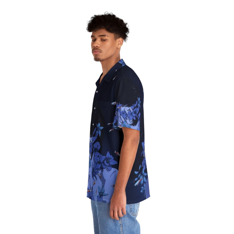 Retro blue Hawaiian shirt with anime and cartoon-inspired design - People Left