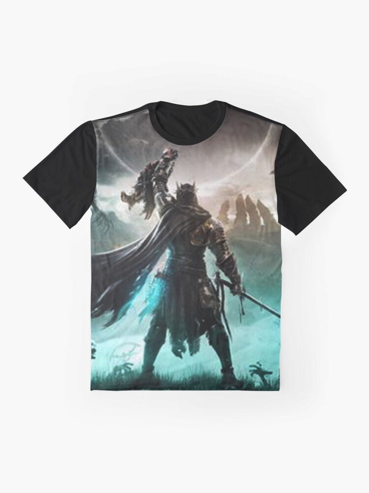 Elden Ring video game inspired graphic t-shirt featuring dark souls-style fantasy design. - Flat lay