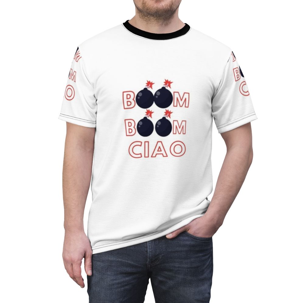 Money Heist inspired t-shirt with "Boom Boom Ciao" text - men front