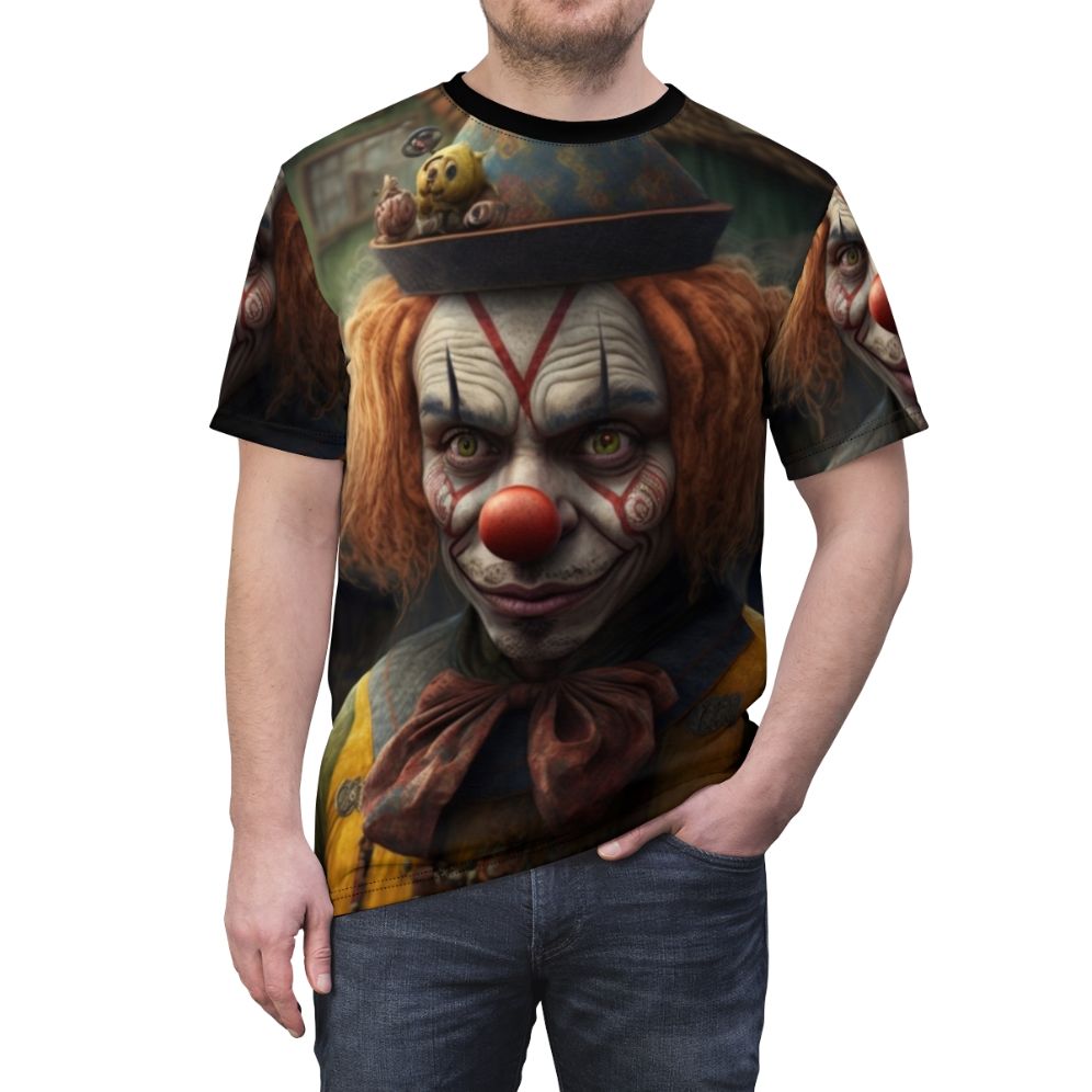 Colorful t-shirt featuring a fun, whimsical clown design - men front