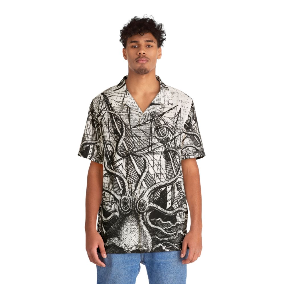 Vintage Kraken Attacking Ship Illustration Hawaiian Shirt - People Front