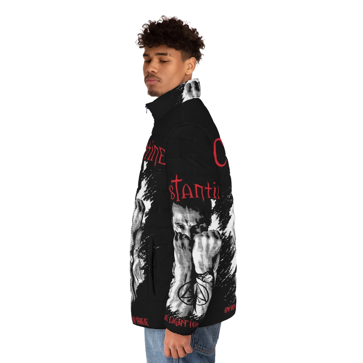 J Constantine Puffer Jacket - Featuring Horror, Comic, and Gothic Inspired Designs - men side left