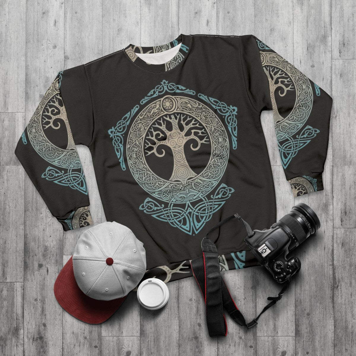 Yggdrasil tree of life sweatshirt with Norse mythology and tribal art design - flat lay