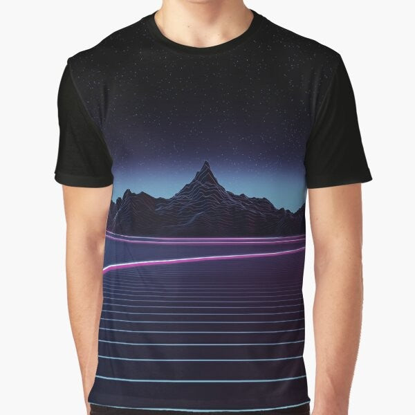 A retro-inspired t-shirt featuring a graphic design of a highway through a mountainous landscape, with a neon and gridline aesthetic reminiscent of 80s synthwave and vaporwave styles.