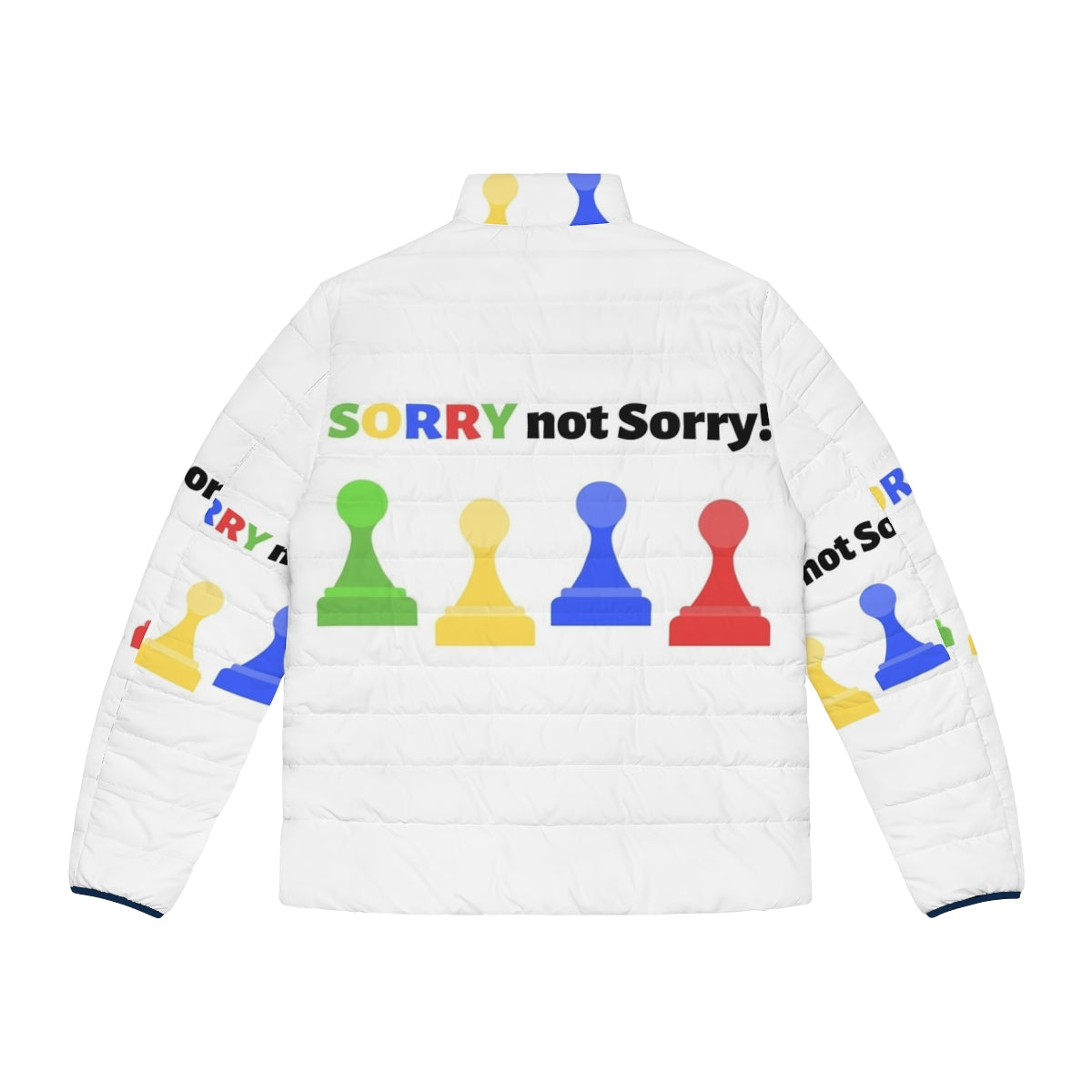 Sorry Not Sorry Puffer Jacket with vibrant board game inspired graphics - Back