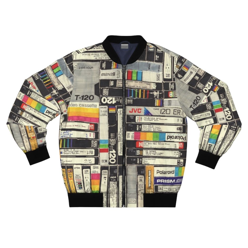 Colorful bomber jacket with VHS, permanent marker, and retro pop culture inspired graphics and patterns