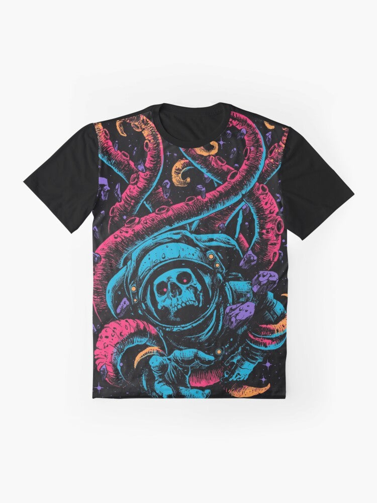 A colorful and surrealist graphic t-shirt featuring a lost, scary, and spooky design. - Flat lay