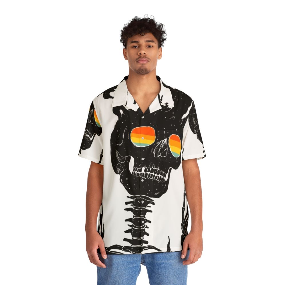 Cosmic Existence Surreal Hawaiian Shirt with Skeleton and Galaxy Print - People Front