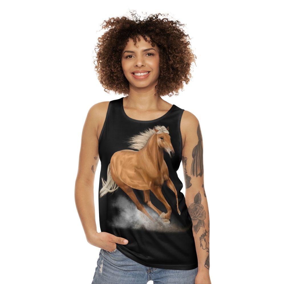 Palomino horse running painting on unisex tank top - women