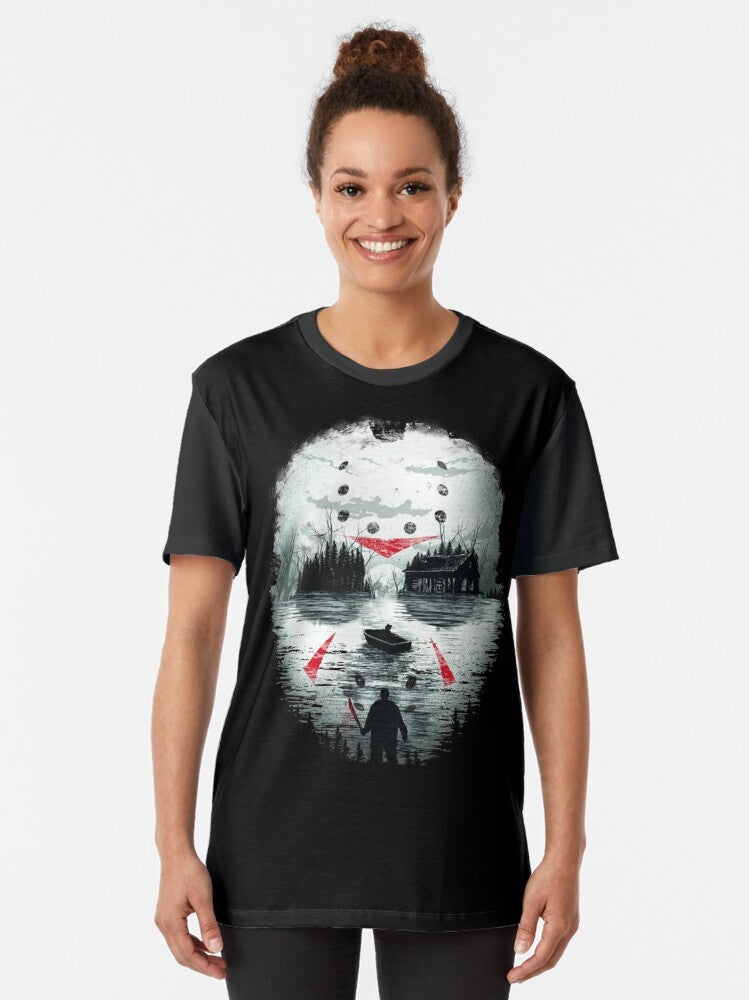 Friday the 13th horror movie graphic t-shirt featuring Jason Voorhees illustration - Women