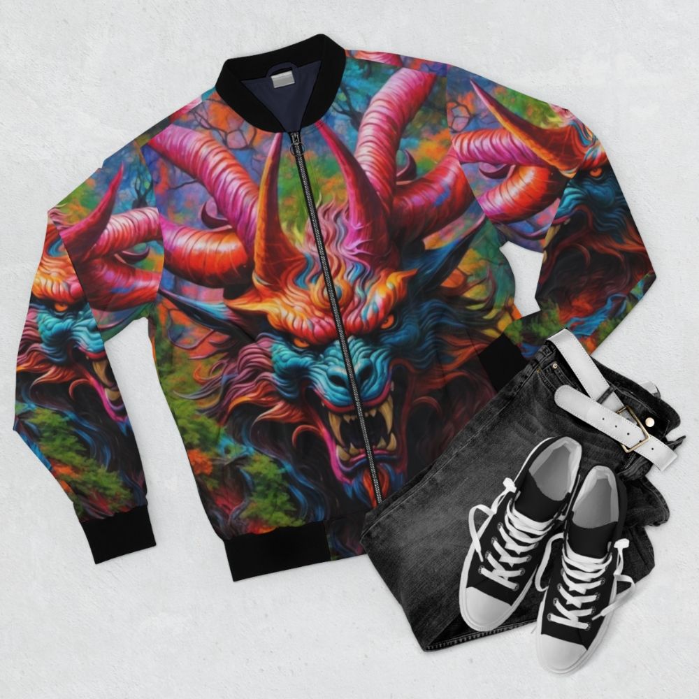 Demon Monster Horror Jacket, Spooky Halloween Bomber Jacket - Flat lay