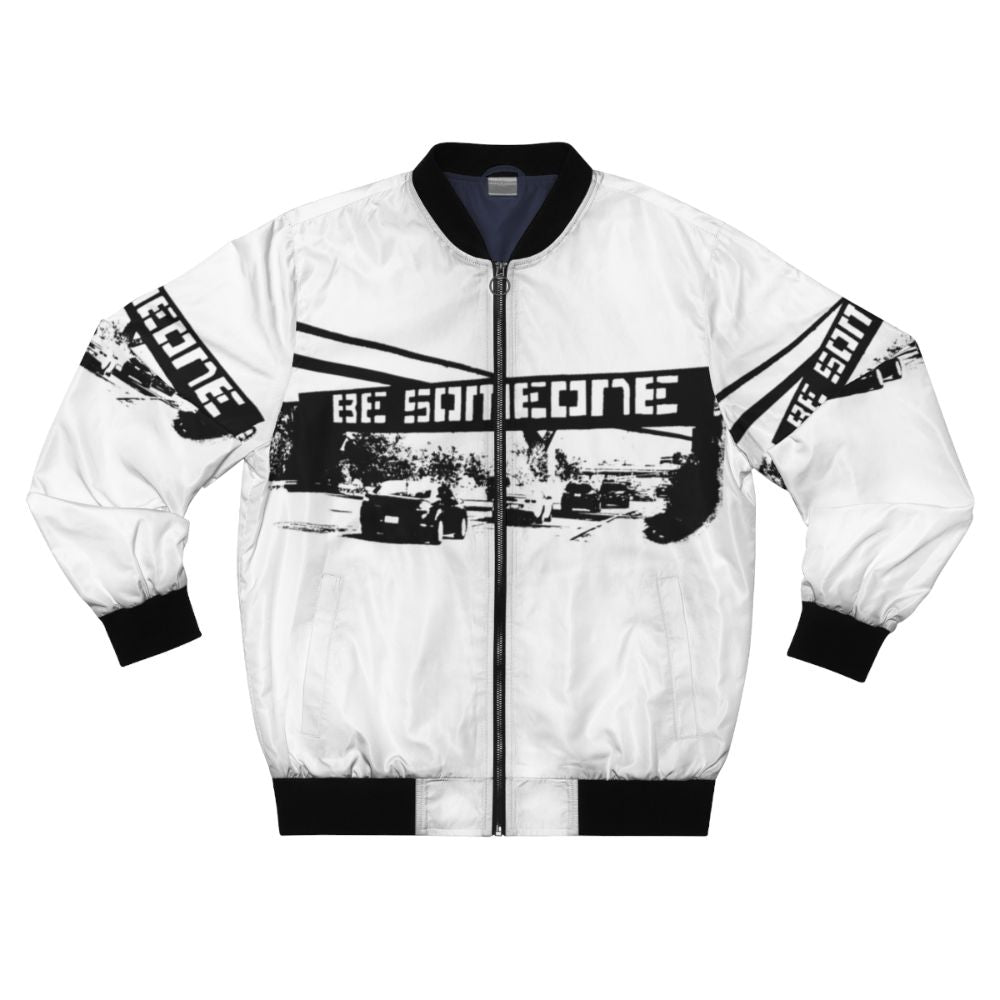 "Be Someone Houston Bomber Jacket featuring graffiti-inspired two-tone design and community-driven graphics"