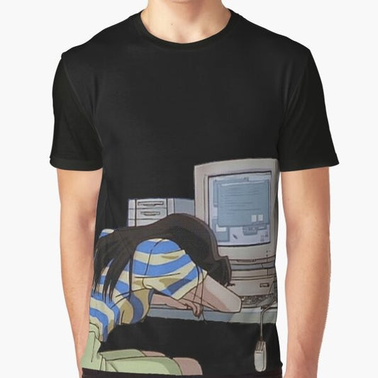 A t-shirt featuring a waiting, anime-inspired graphic design in a vaporwave style