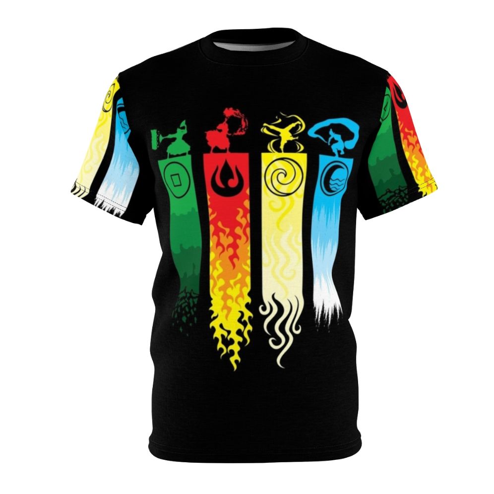 Graphic t-shirt design featuring Aang, the Avatar, and the four elements of water, fire, air, and earth.