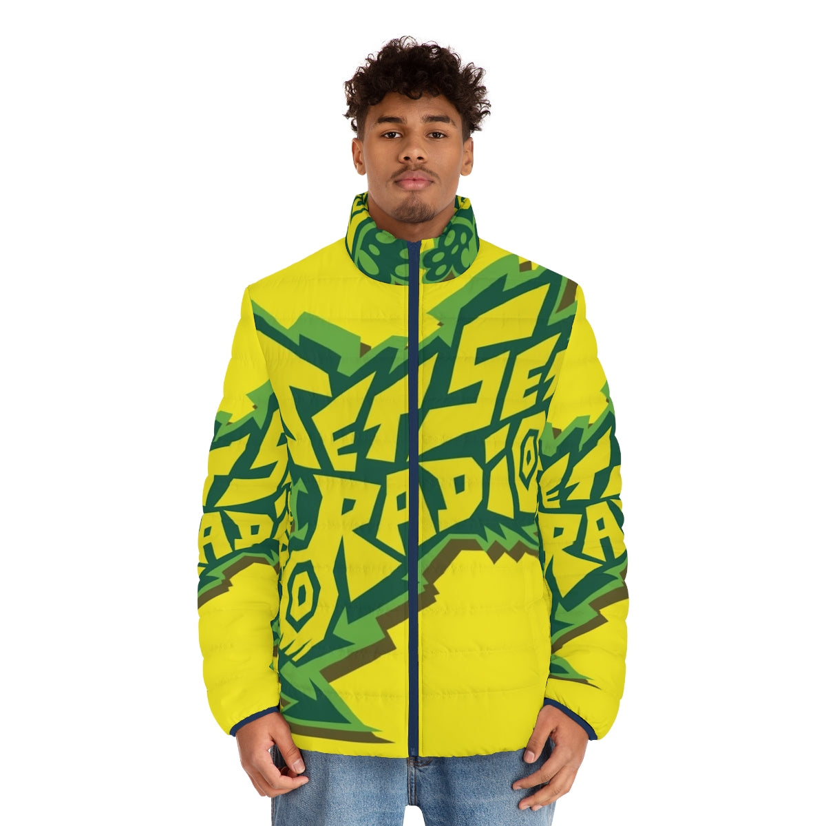 Jet Set Radio inspired puffer jacket with graffiti-style logo design - men front