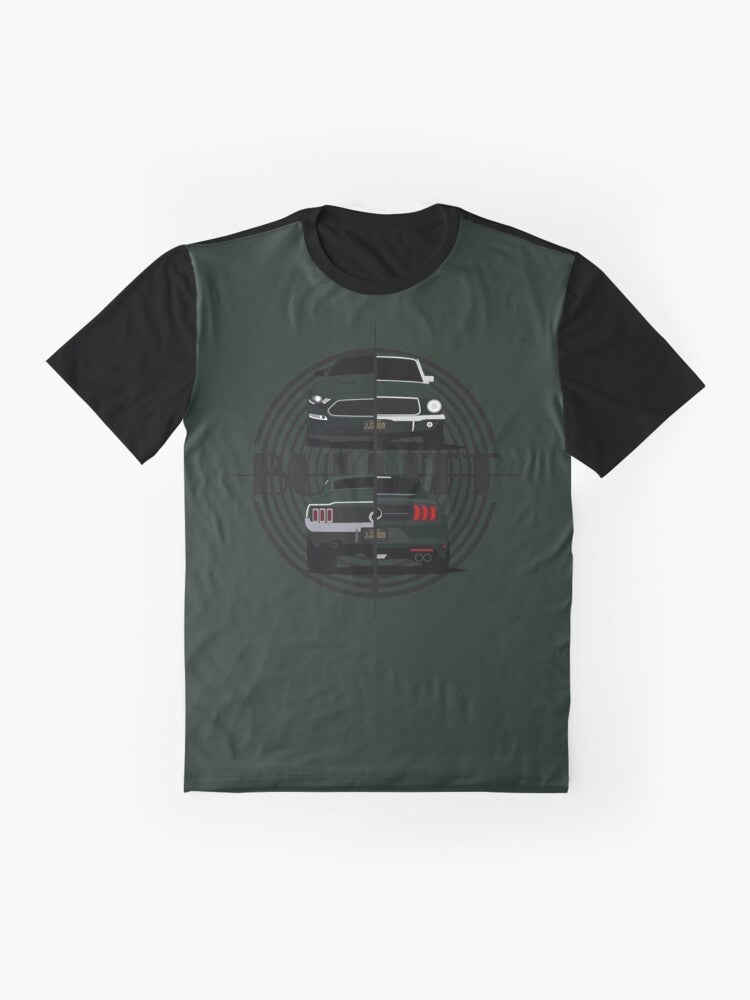 Bullitt Generations Graphic T-Shirt featuring a classic and modern Mustang muscle car design - Flat lay