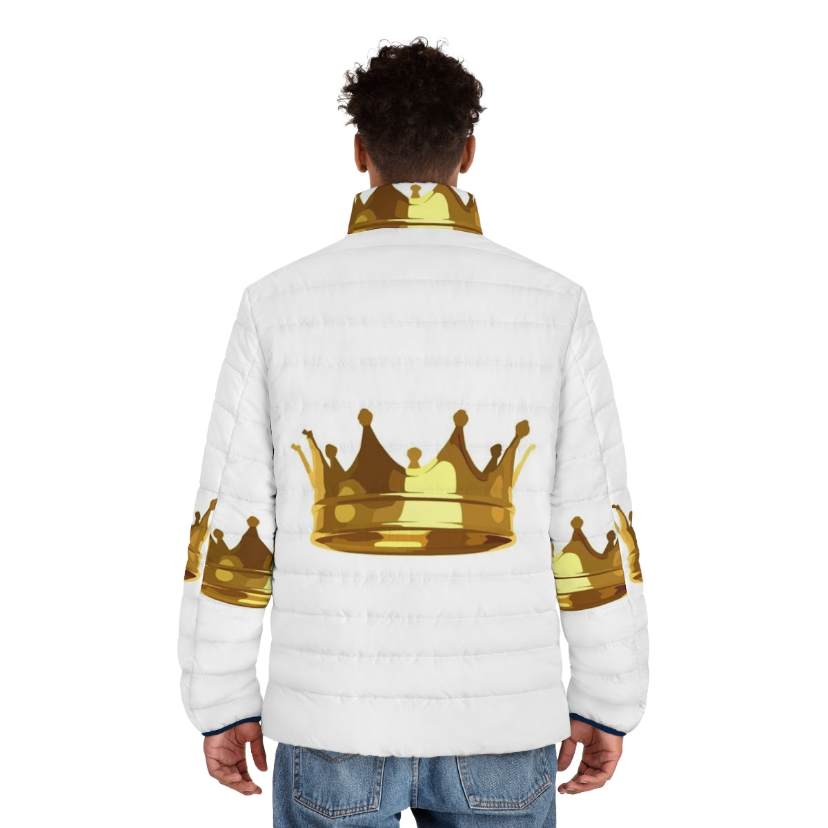 A golden puffer jacket with a regal crown design - men back