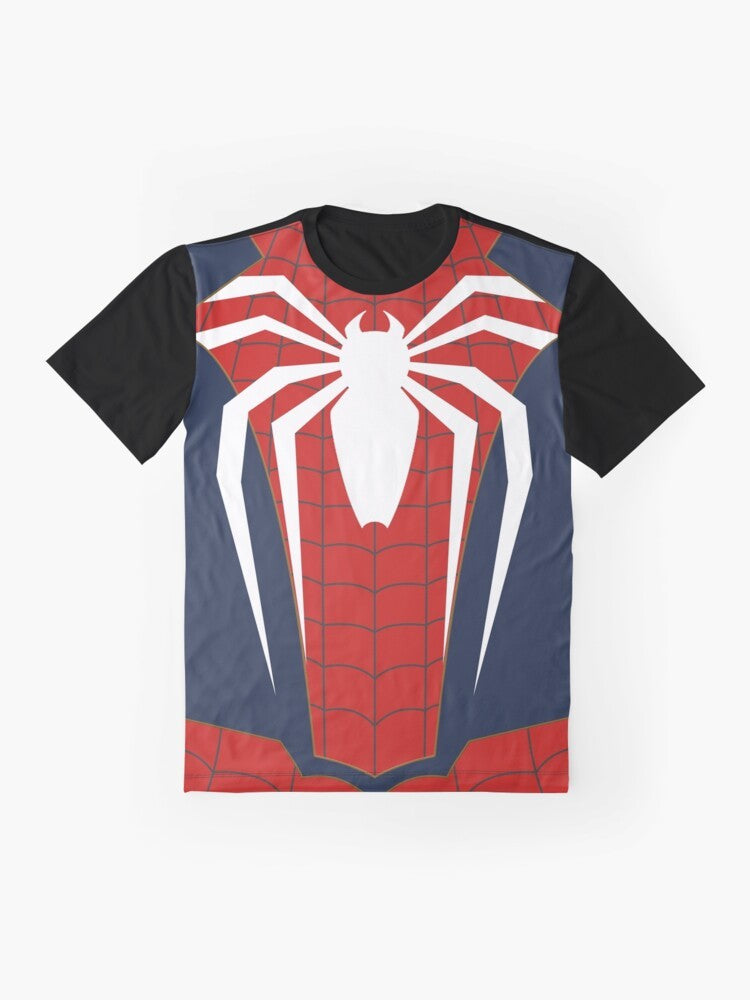 Spider Man graphic t-shirt featuring the White Spider logo from the Insomniac video game - Flat lay