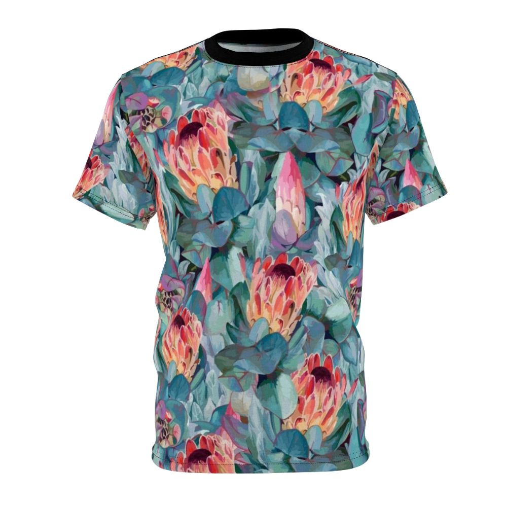 Protea flower t-shirt with vibrant watercolor-style floral print