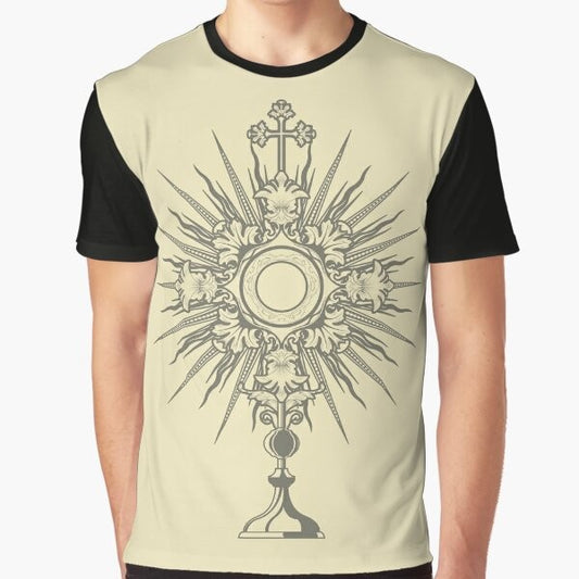 A minimalist, black and white line art design of a monstrance, a Catholic liturgical vessel used to display the consecrated Eucharistic host.