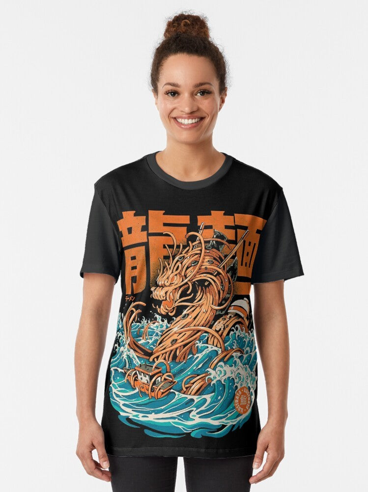 Anime-inspired graphic t-shirt featuring a ramen dragon from the famous Kanagawa wave artwork - Women