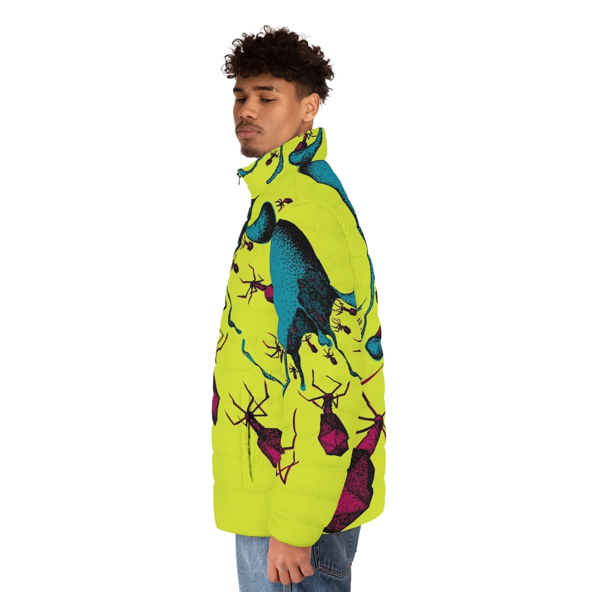 Colorful puffer jacket featuring lysis and bacteriophage artwork - men side left