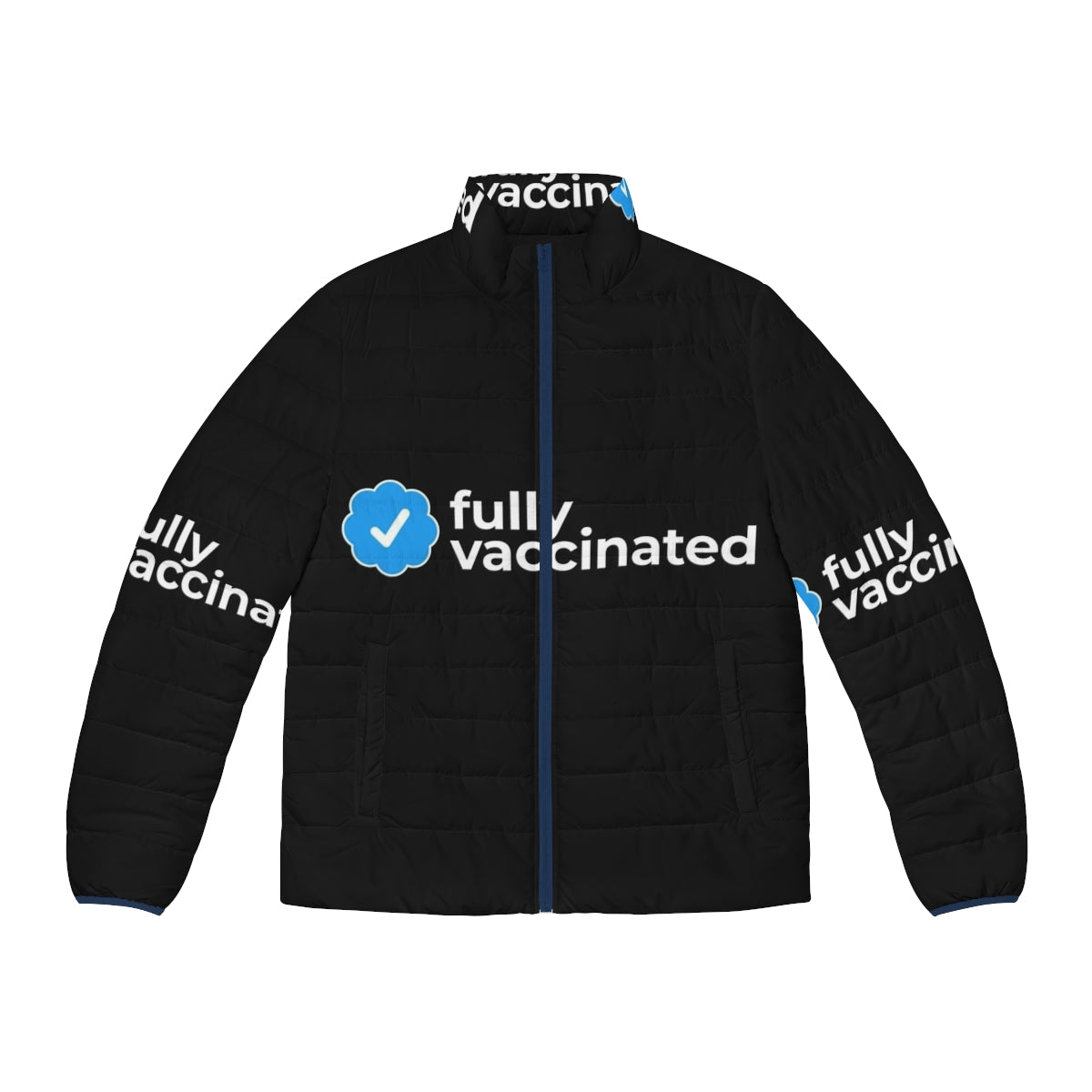 Fully vaccinated person wearing a puffer jacket with COVID-19 vaccination message