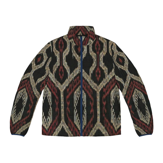 Ethnic puffer jacket with abstract indigenous mountain pattern from the Philippines