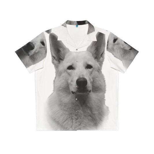 White German Shepherd wearing a Hawaiian shirt