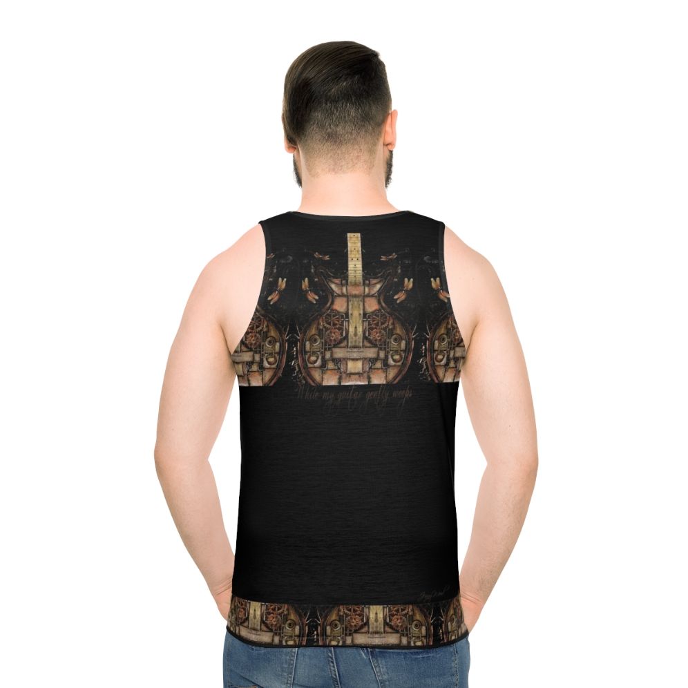 Steampunk guitar illustration on a unisex tank top - men back