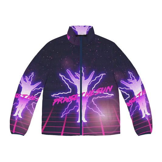 Praise the Sun 80s Puffer Jacket with Dark Souls, Synthwave, and Retro Gaming Inspired Design