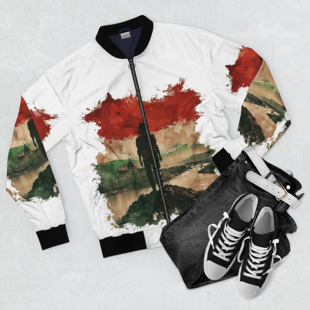 Hungarian flag printed on a bomber jacket with a scenic city backdrop - Flat lay