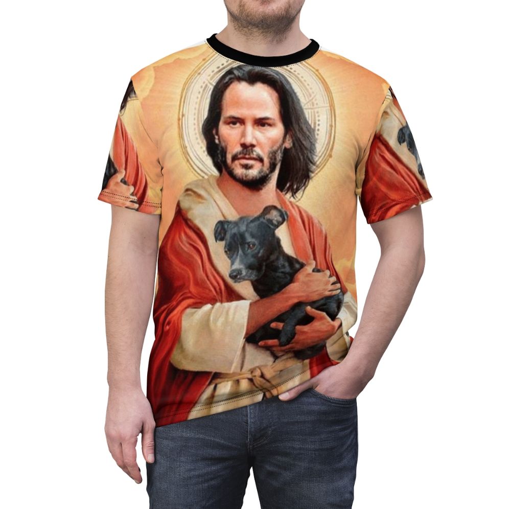 Unique graphic t-shirt design featuring Keanu Reeves and Jesus Christ - men front