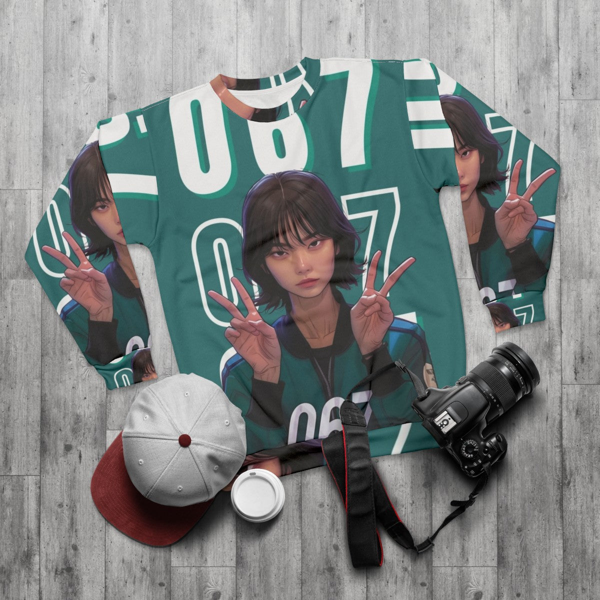 Squid Game Player 067 Kang Sae Byeok Sweatshirt - flat lay