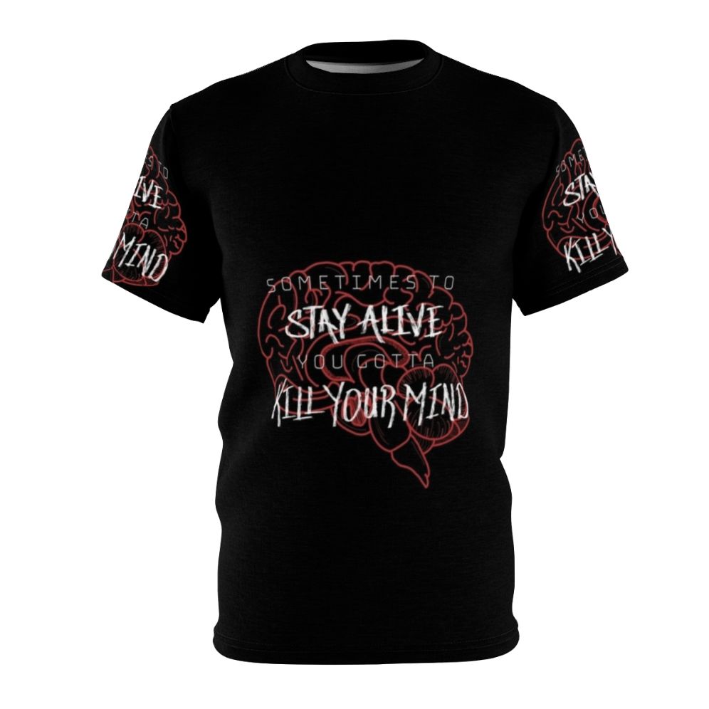 Stay Alive graphic t-shirt with brain and lyrical design, inspired by alternative rock music