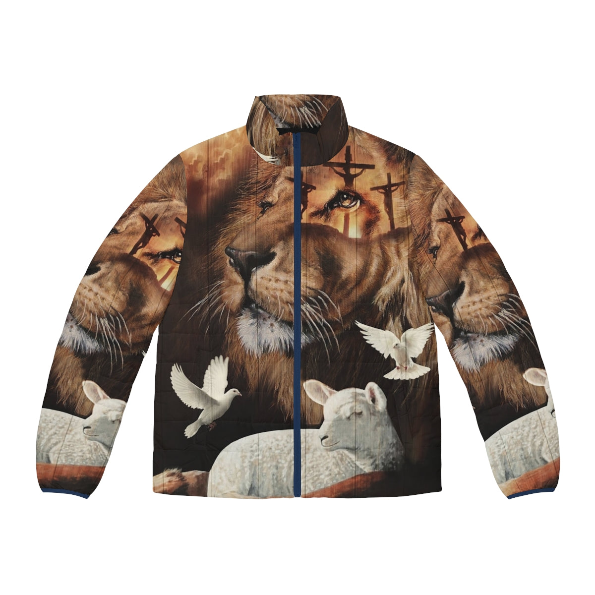 A puffer jacket featuring the Lion of Judah and the Lamb of God design