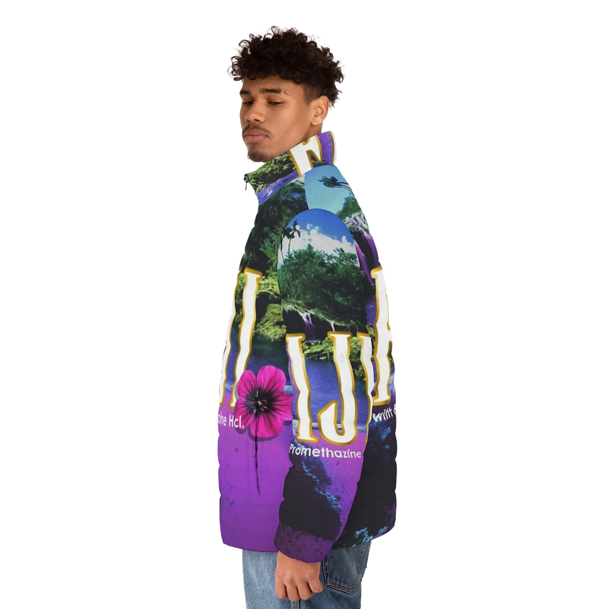 Purple vaporwave-inspired puffer jacket with aesthetic design - men side left