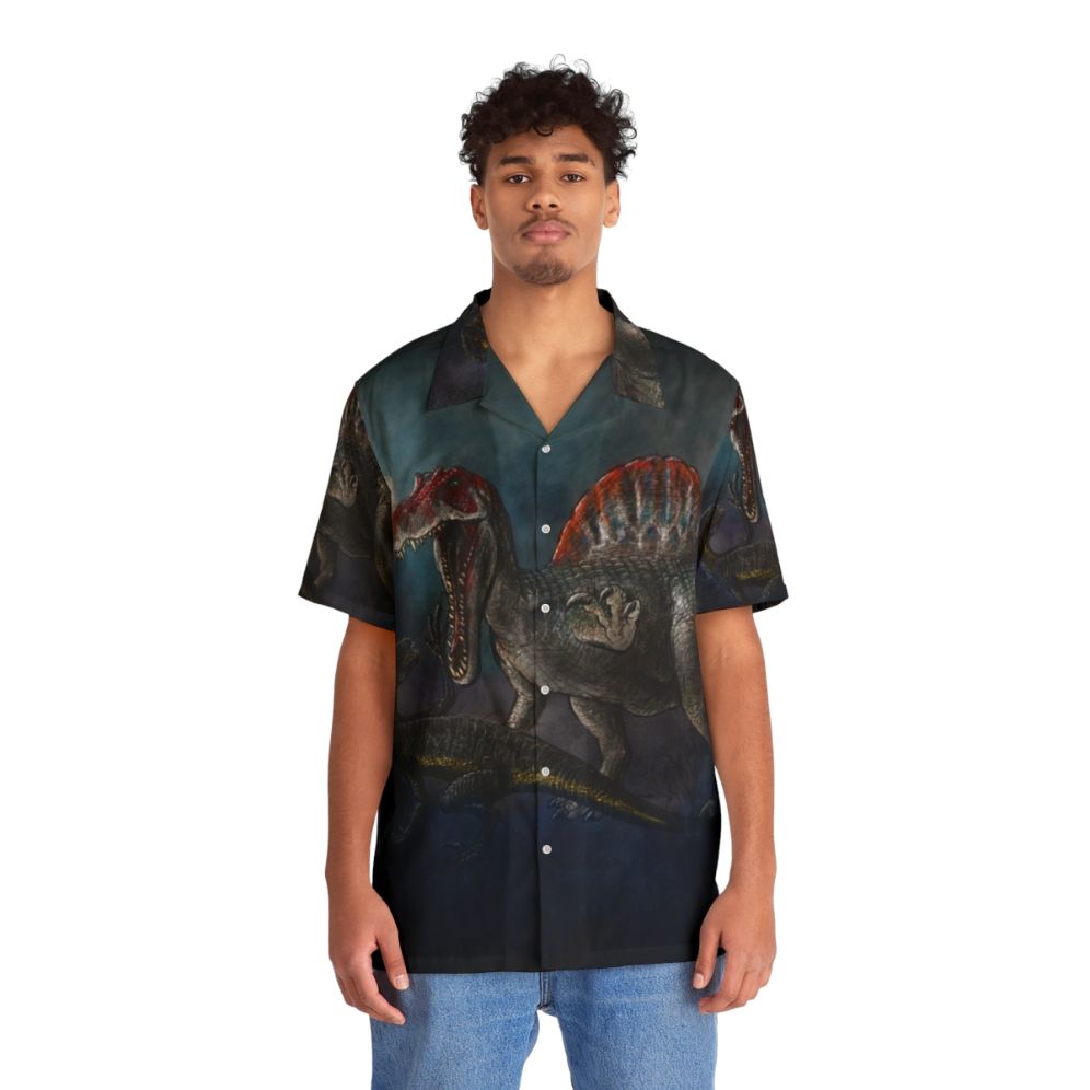 Spinosaurus vs Indominus Rex Dinosaur Battle Hawaiian Shirt - People Front