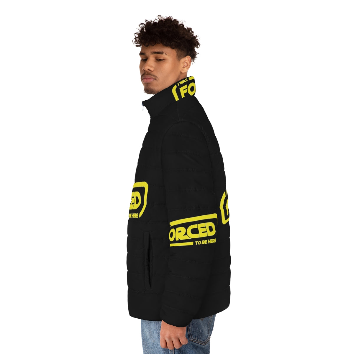 Star Wars-themed puffer jacket with "I Was Forced To Be Here" design - men side left